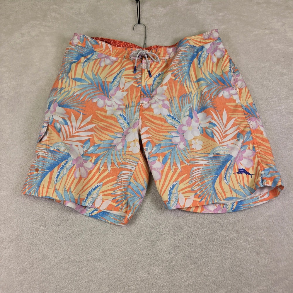 Tommy Bahama Mens 2XL Orange Tropical Floral Palm Swim Trunks Board Shorts